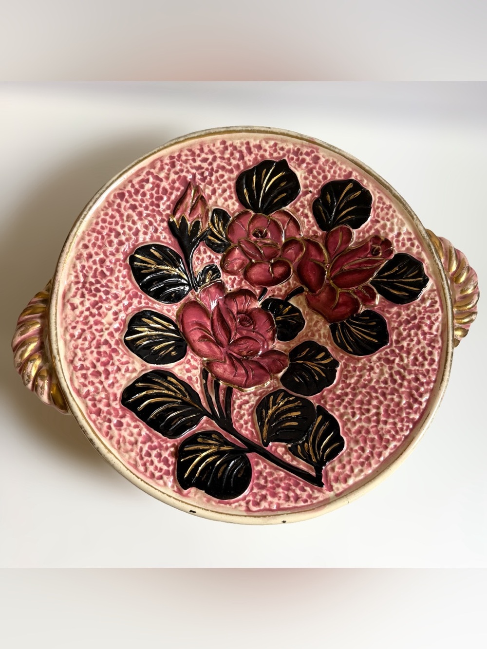Vtg Vallauris France Majolica Rose Floral Relief Platter MCM Hollywood Regency